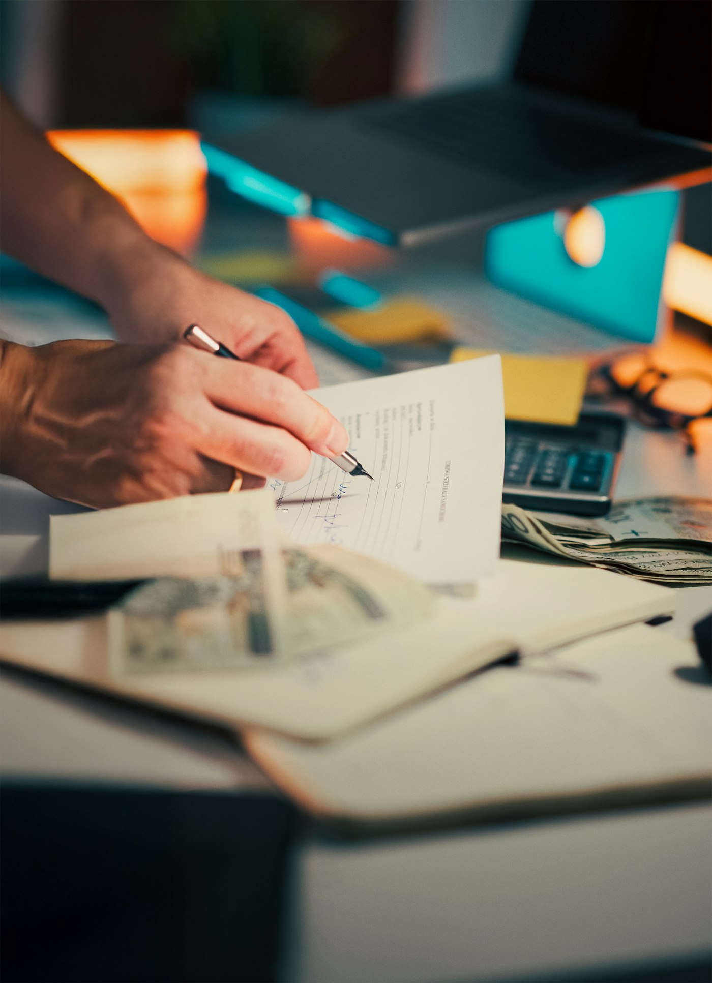 Hand signing a document with a pen